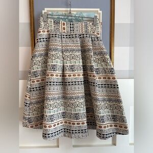Italian Patterned Circle Skirt in Cream with Navy and Brown Accents Size Small